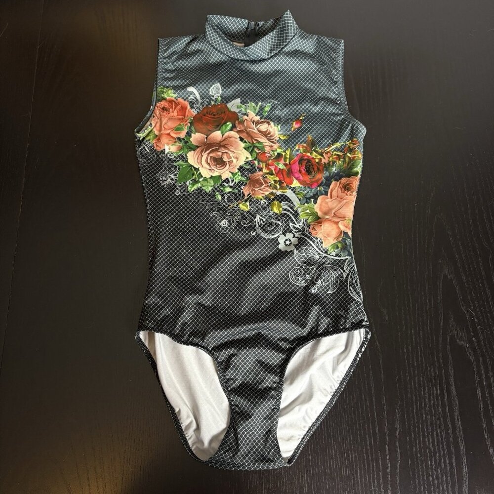 Sleeveless High Neck Floral One-Piece Bodysuit - Black with Coral Rose Print
